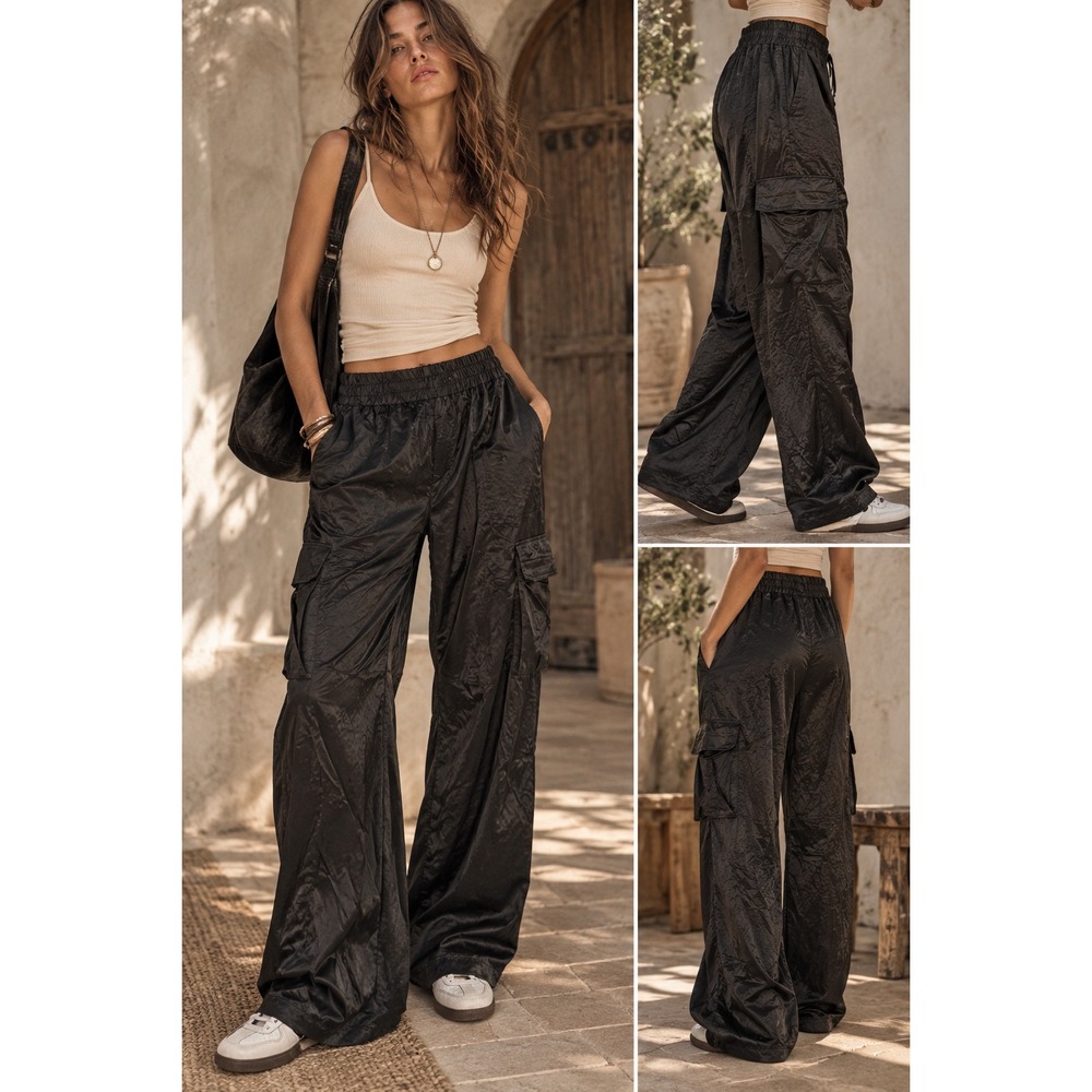 LilySilk 100% Mulberry Silk Wide Leg Cargo Pants Black US 4 Elastic Waist